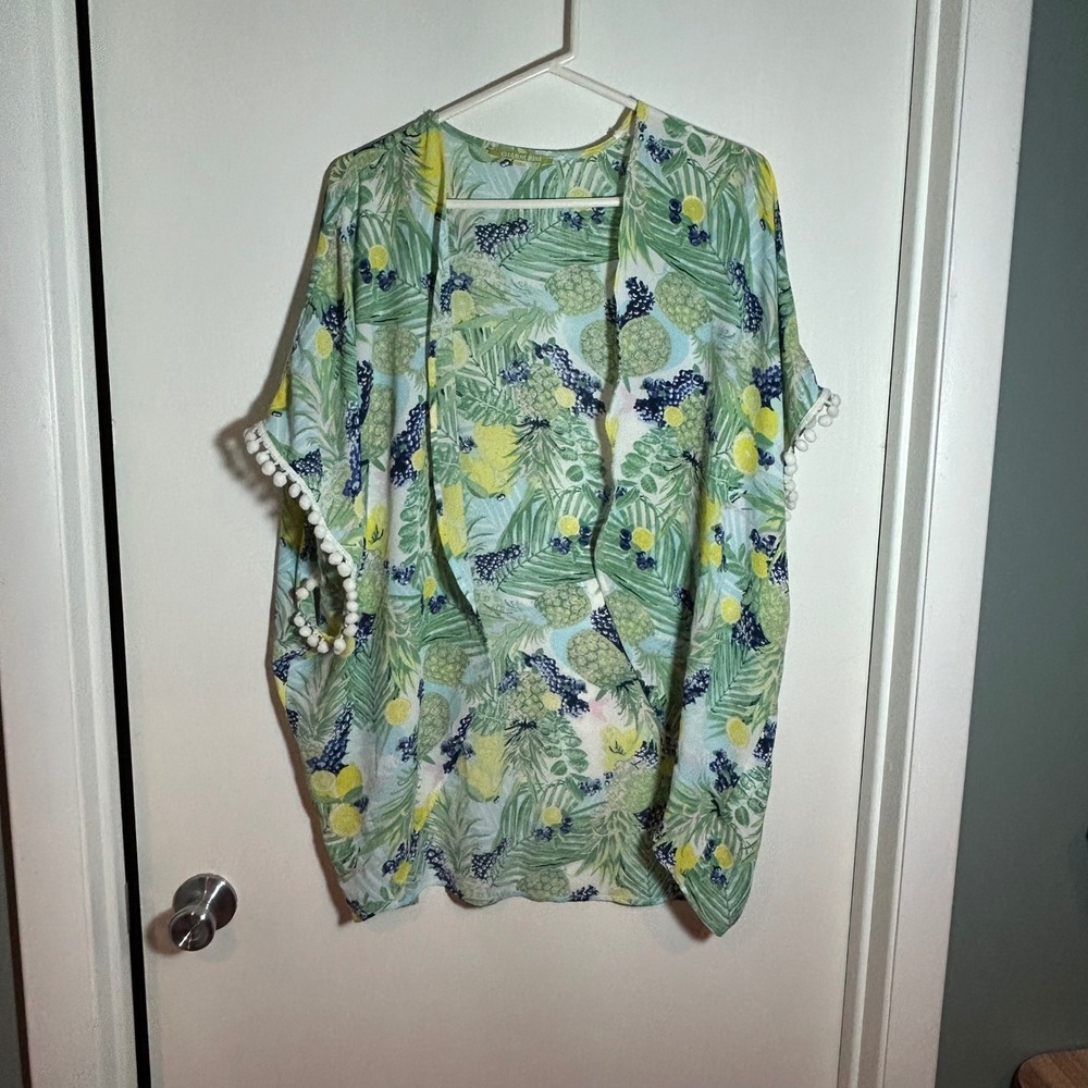 Gianni Bini Tropical Fruit Print Kimono‎ Pom Pom Trim Beach Coverup XS Green